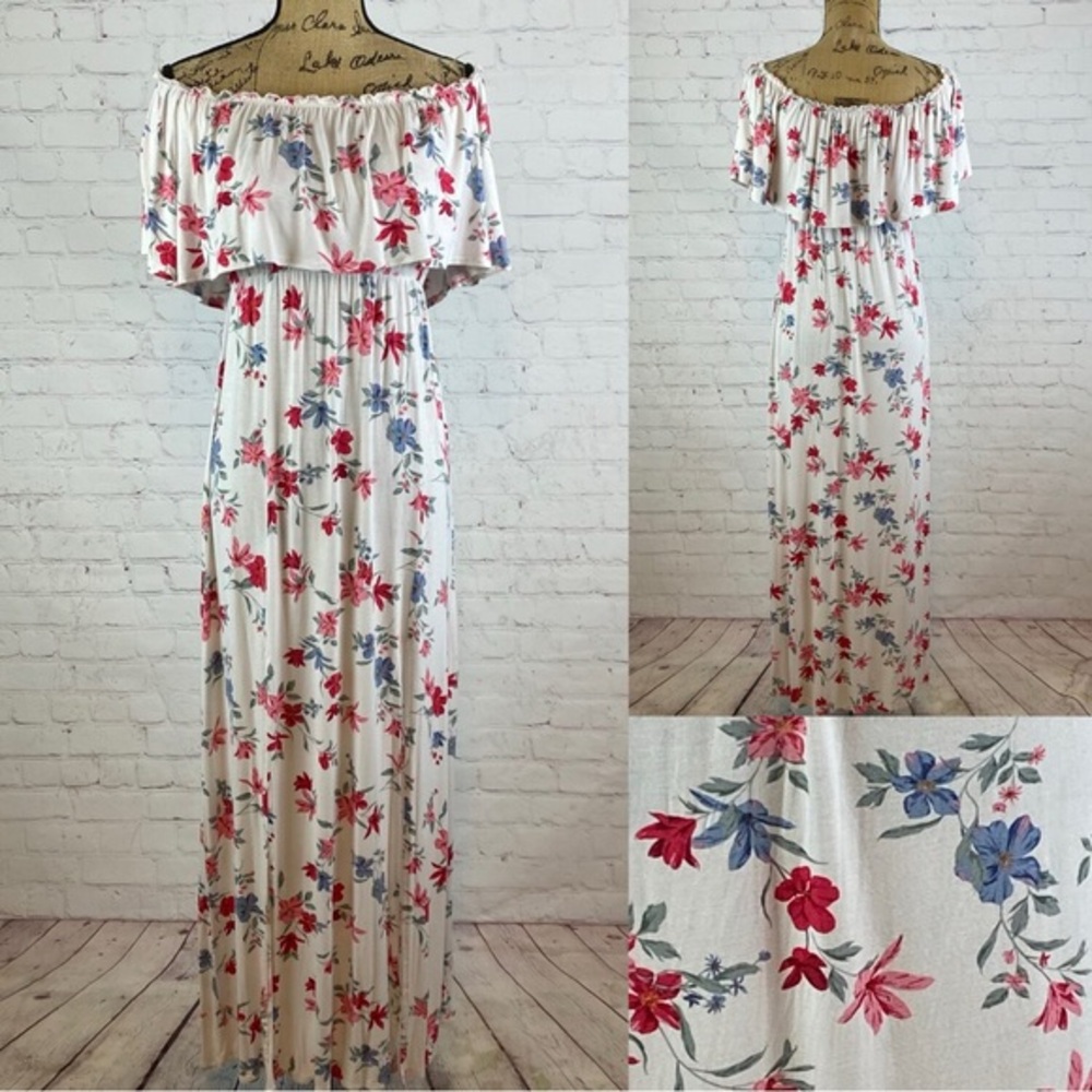 Divided Ruffled On/Off Shoulder Floral Maxi